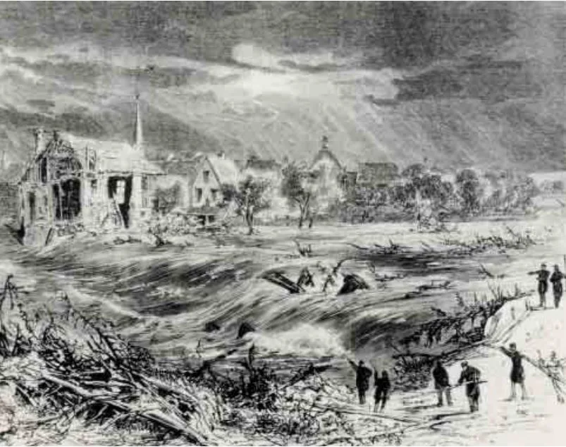 Die Überschwemmungen von 1876 in Töss im Tösstal, gezeichnet von J. Weber